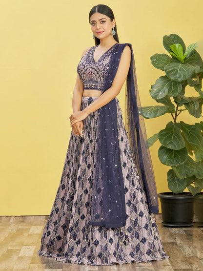 Wine Lehenga With Digital Print And Thread Zari Sequins Embroidery Real Mirror Work