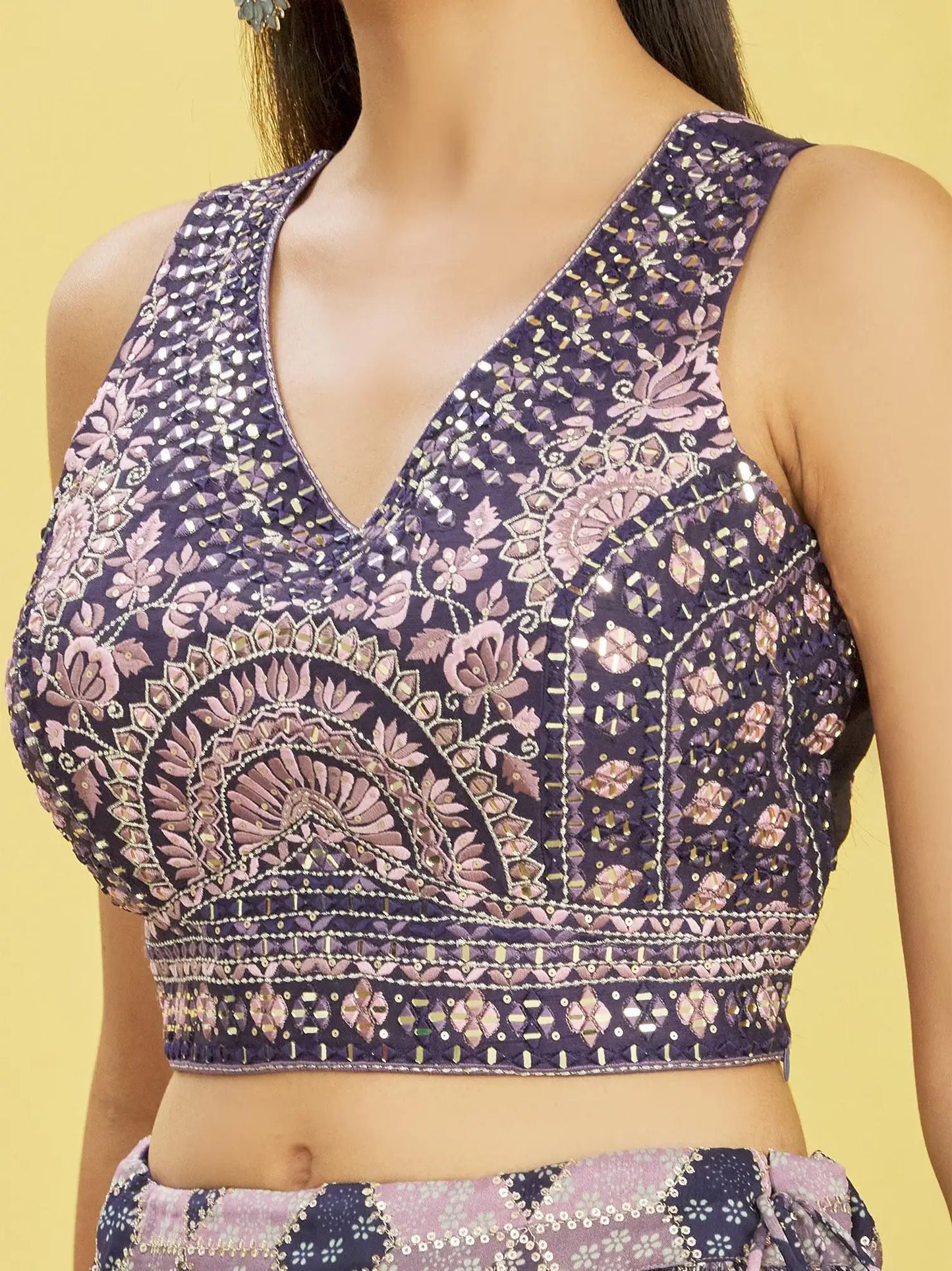 Wine Lehenga With Digital Print And Thread Zari Sequins Embroidery Real Mirror Work