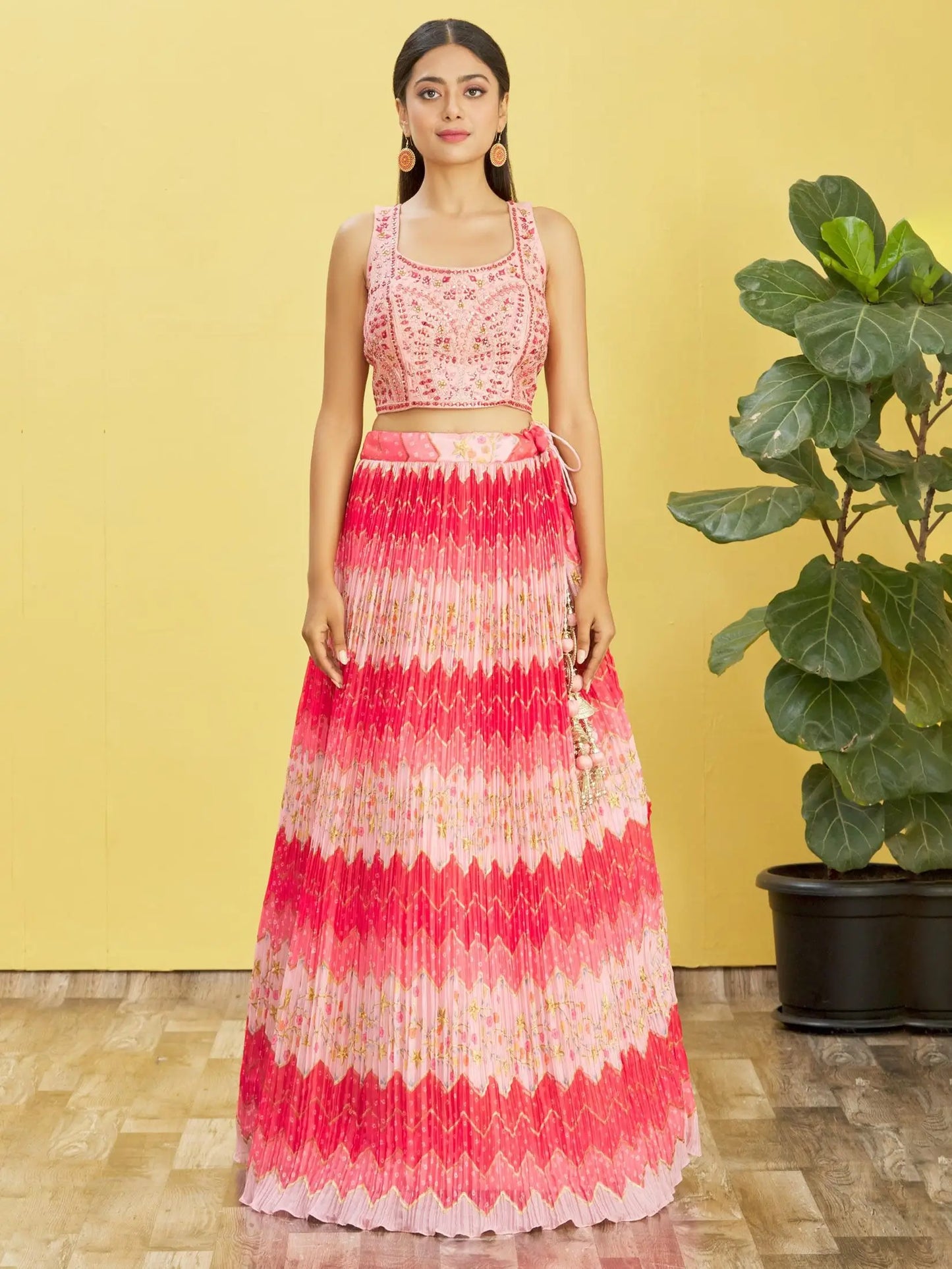 Pink Lehenga With Digital Print And Thread Zari Sequins Embroidery Real Mirror Work