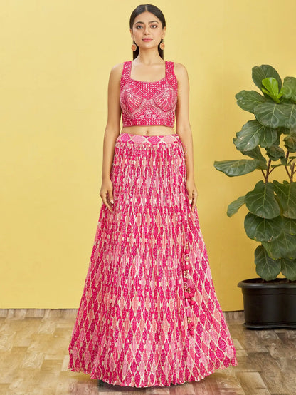 Dark Pink Lehenga With Digital Print And Thread Zari Sequins Embroidery Real Mirror Work