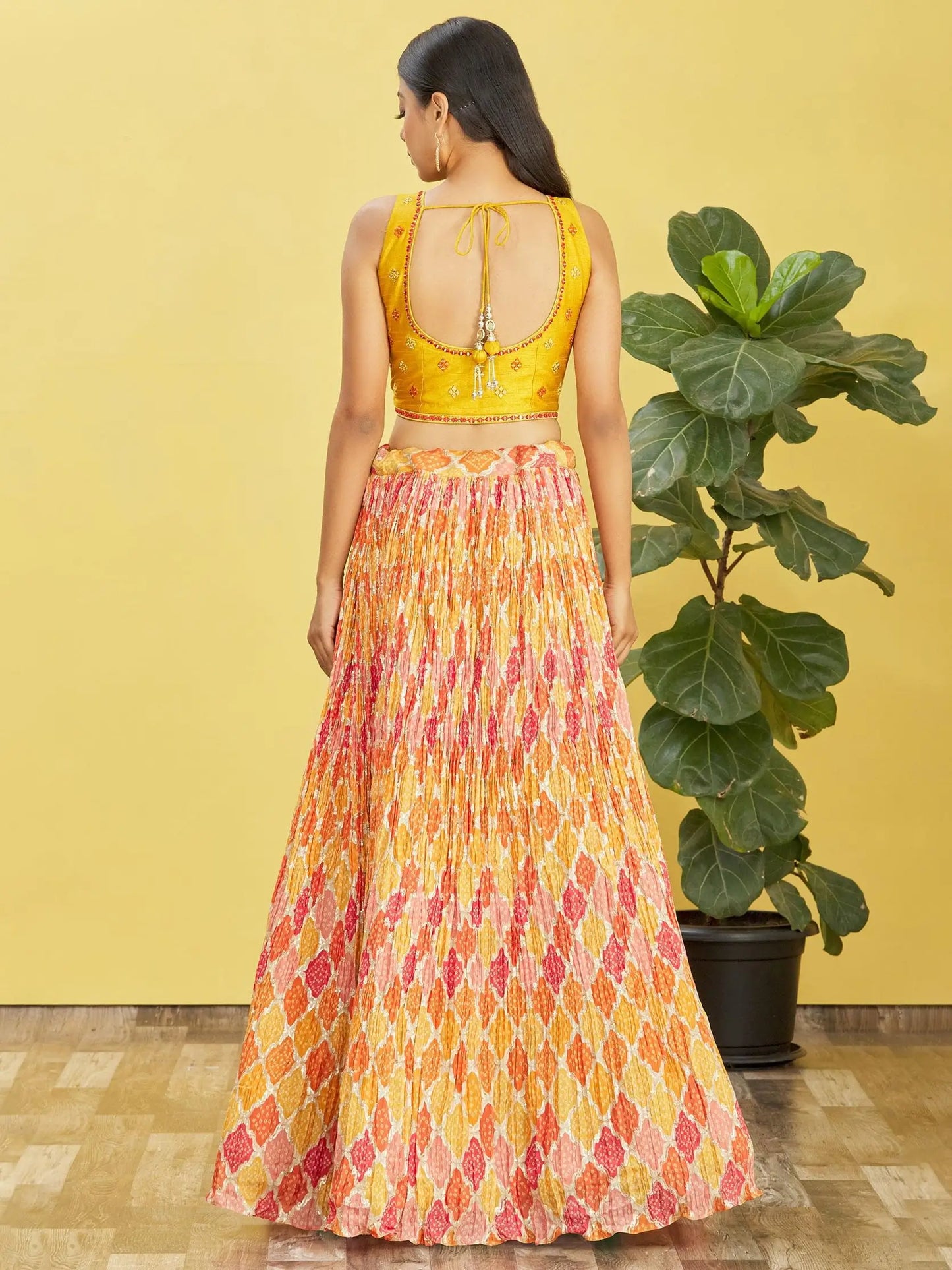 Yellow Lehenga With Digital Print And Thread Zari Sequins Embroidery Real Mirror Work