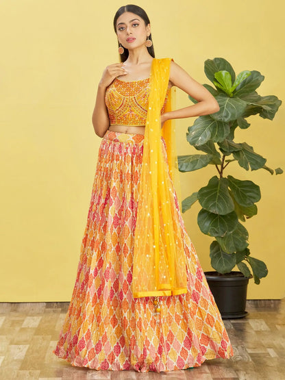 Yellow Lehenga With Digital Print And Thread Zari Sequins Embroidery Real Mirror Work