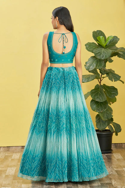 Deep Sea Green Lehenga With Digital Print And Sequins Embroidery With Real Mirror Work