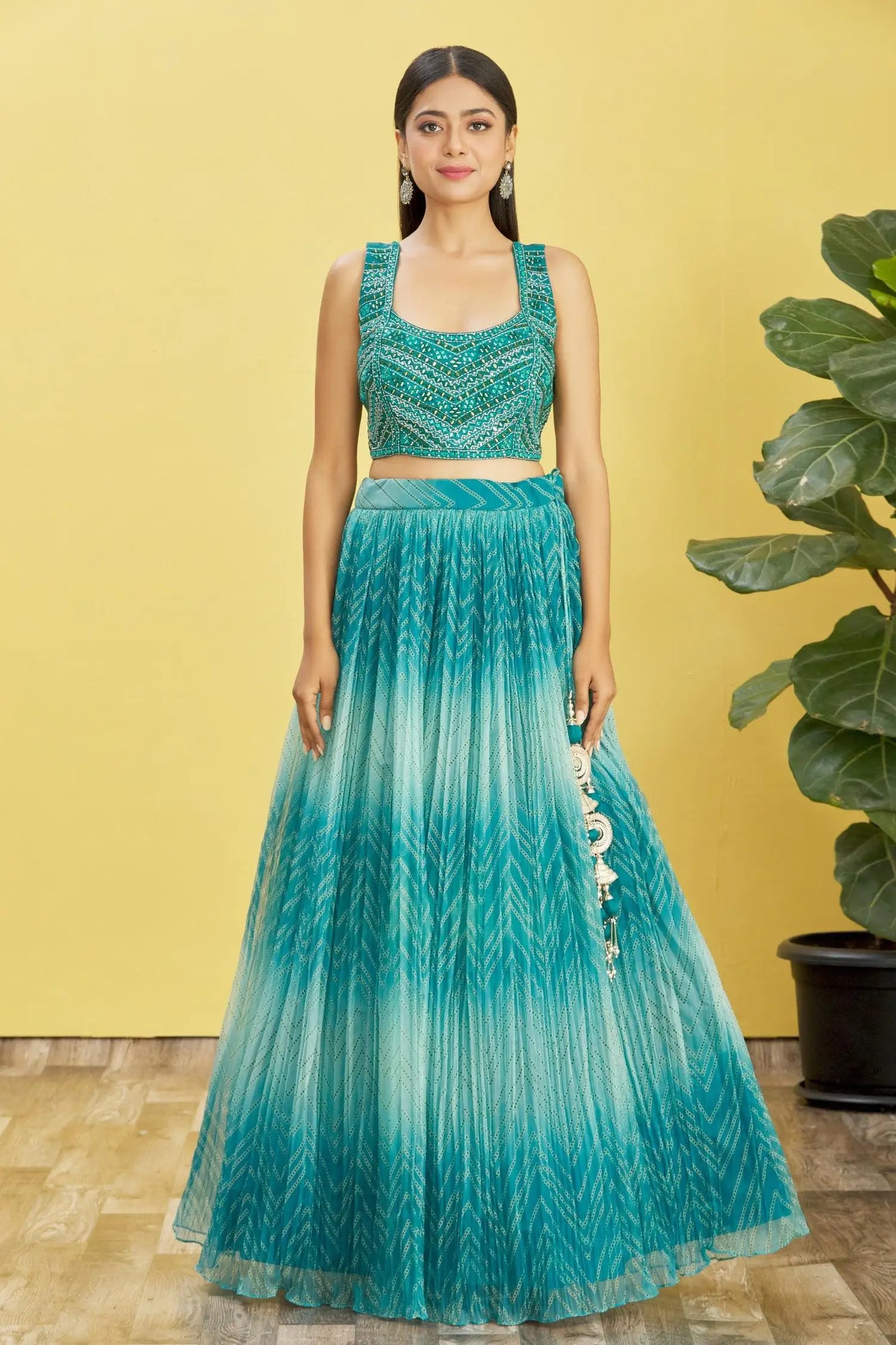 Deep Sea Green Lehenga With Digital Print And Sequins Embroidery With Real Mirror Work