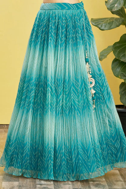 Deep Sea Green Lehenga With Digital Print And Sequins Embroidery With Real Mirror Work