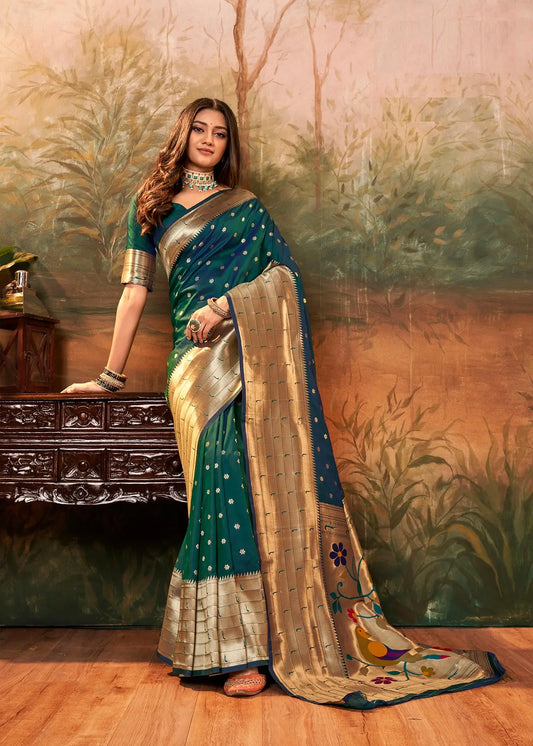 Green Paithani Silk Saree with Woven Border & Pallu