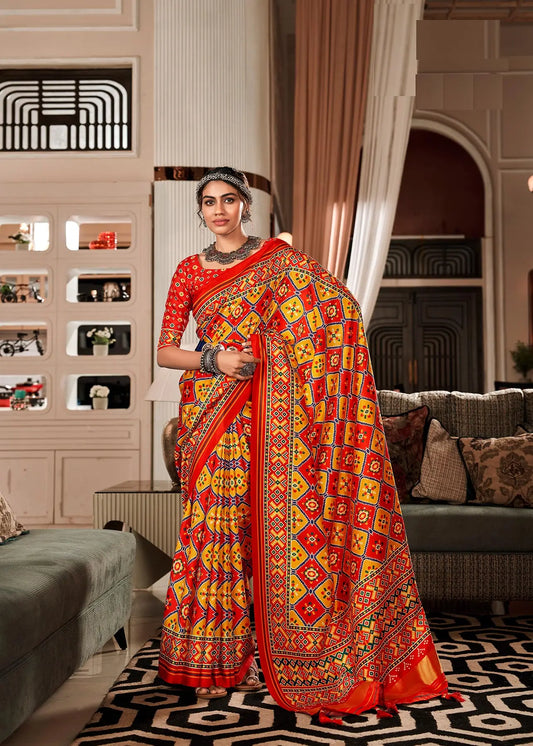 Multi Color  Handloom Silk Saree with Patola Print & Tassel Pallu