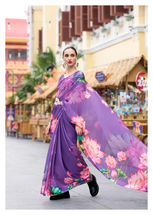 Purple  Georgette Saree with Exclusive Print