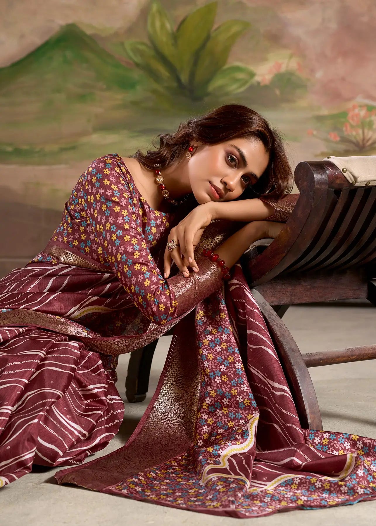 Wine Dola Silk Printed Saree With Zari Border
