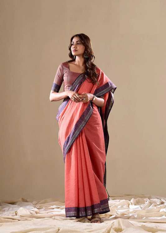 Red Handloom Silk Saree With Contarast Border