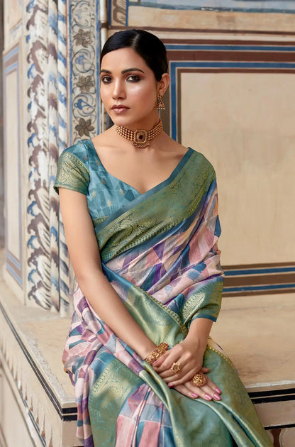 Peach  Handloom Silk Saree  With Digital Print Zari Border
