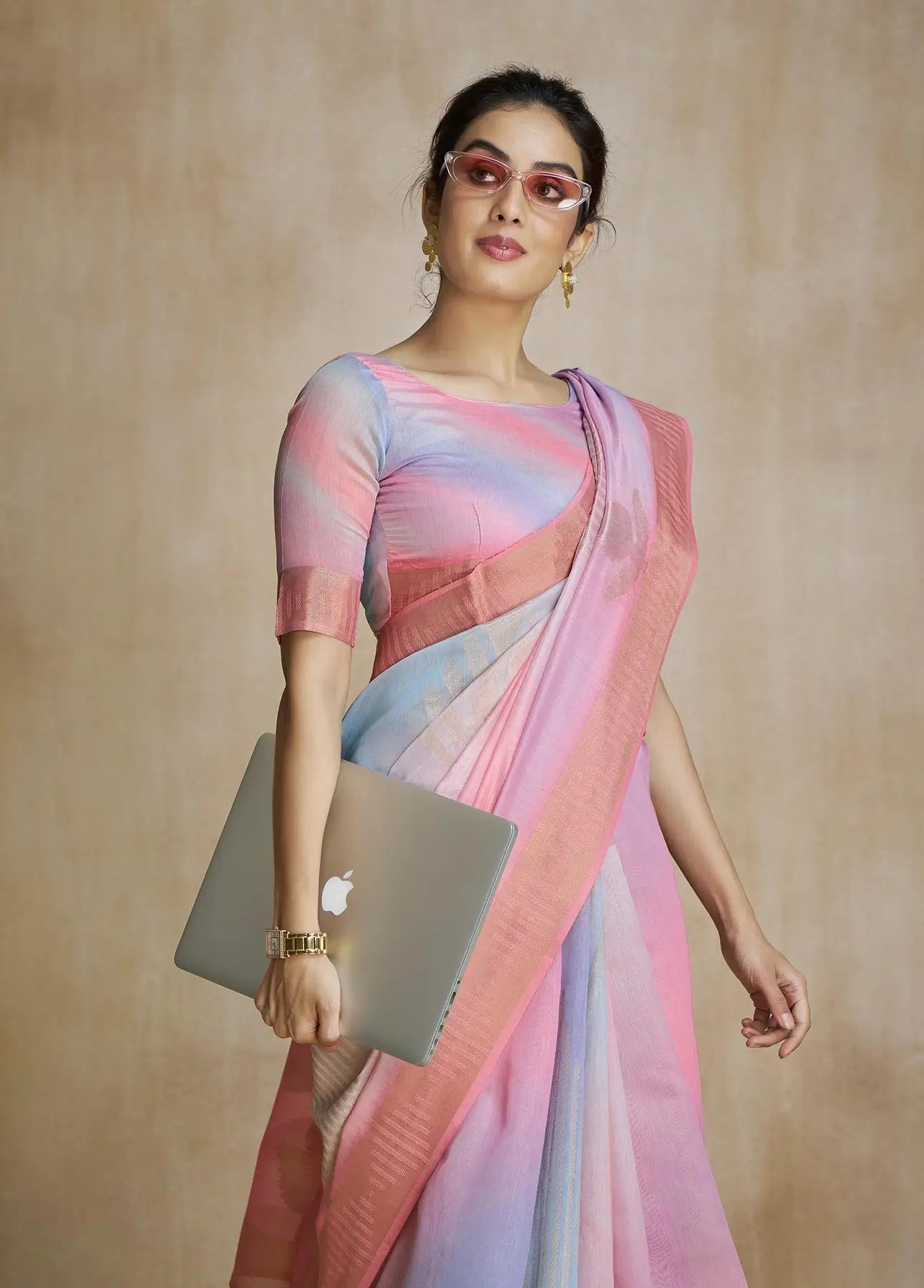 Multi Color Art Silk Saree with Zari Border & Digital Print