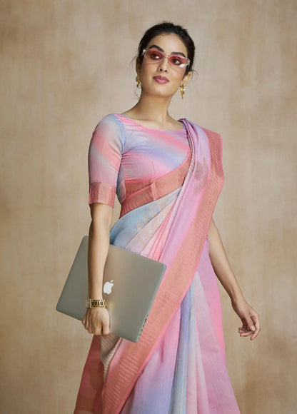 Multi Color Art Silk Saree with Zari Border & Digital Print