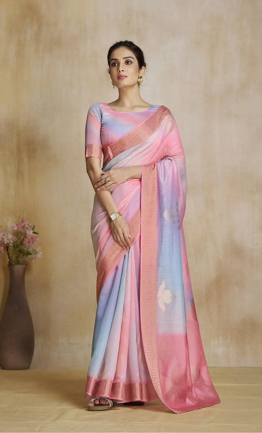 Multi Color Art Silk Saree with Zari Border & Digital Print