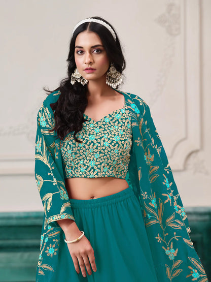 Blue Georgette Indo Western Set With Thread & Sequins Embroidery Work