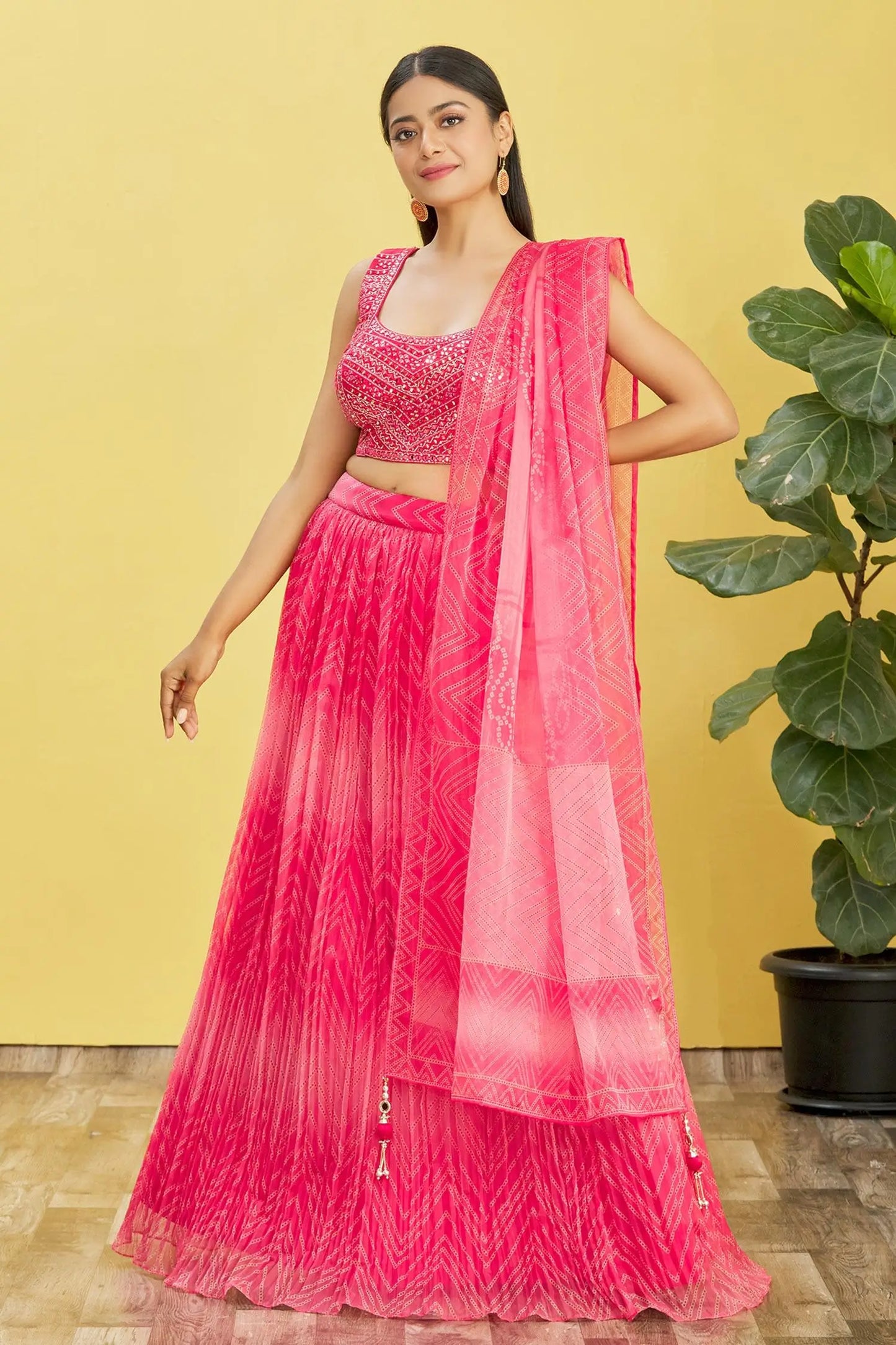 Red Pink Lehenga With Digital Print And Sequins Embroidery With Real Mirror Work