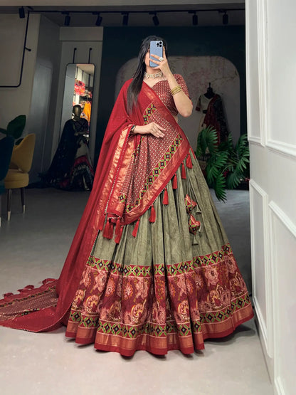 Olive Green Tussar Silk Floral Printed Lehenga Choli