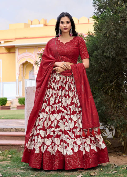 Red Tussar Silk Floral Printed Lehenga Choli