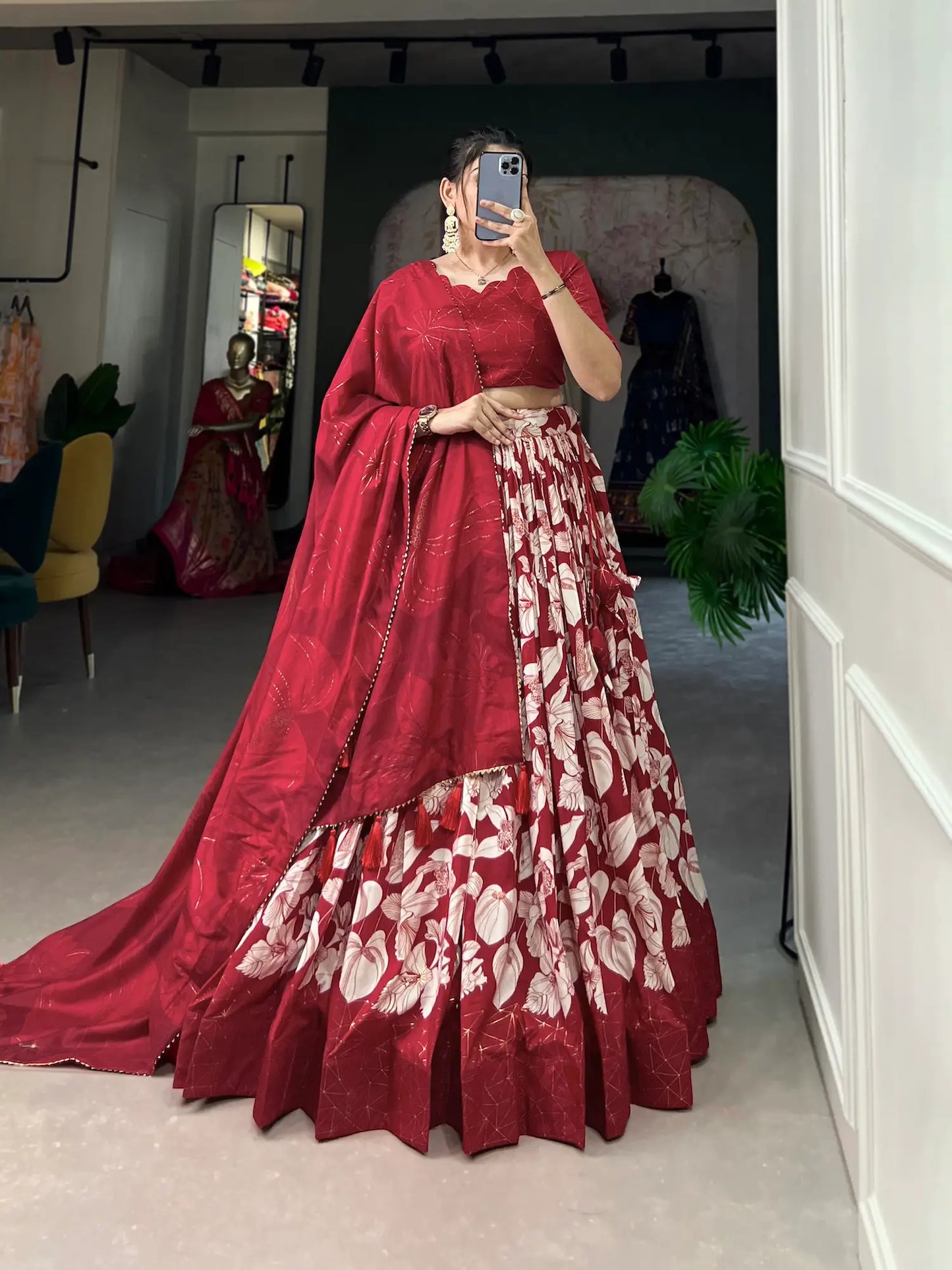 Red Tussar Silk Floral Printed Lehenga Choli