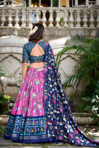 Pink Tussar Silk Printed Lehenga Choli