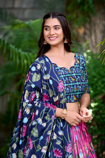 Pink Tussar Silk Printed Lehenga Choli