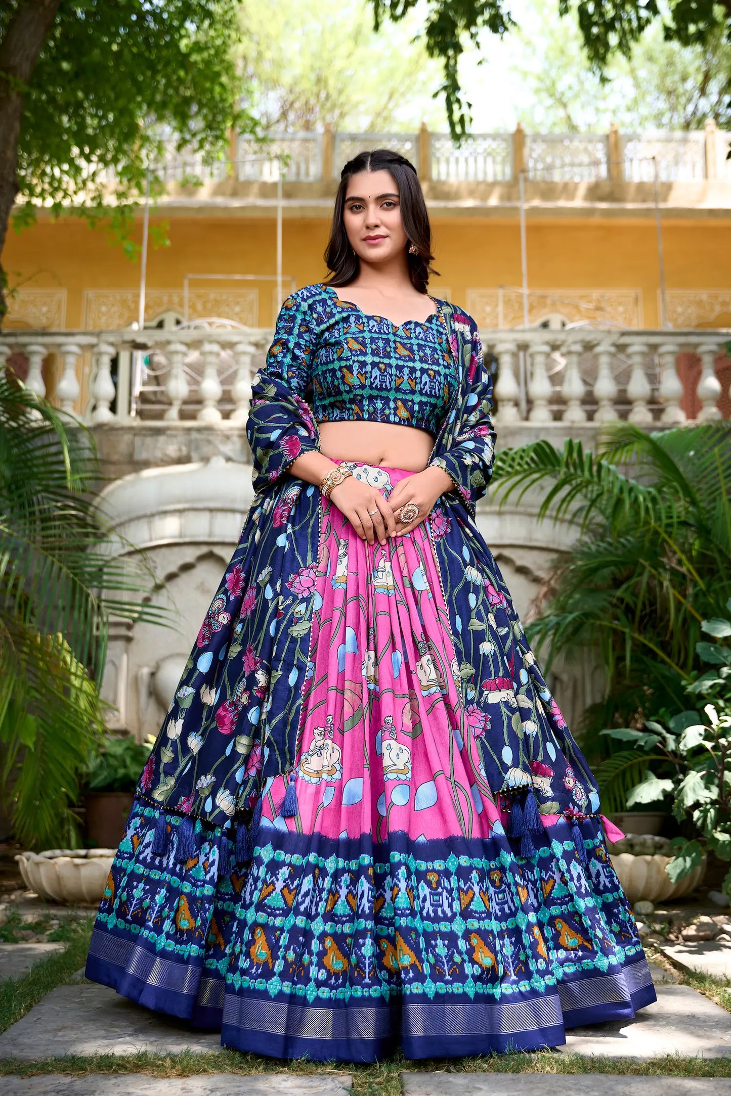 Pink Tussar Silk Printed Lehenga Choli