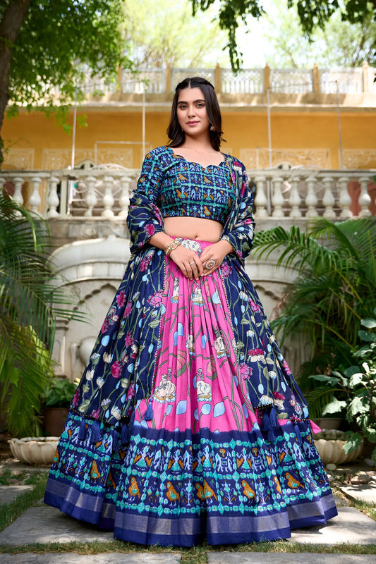 Pink Tussar Silk Printed Lehenga Choli