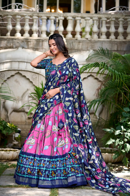 Pink Tussar Silk Printed Lehenga Choli