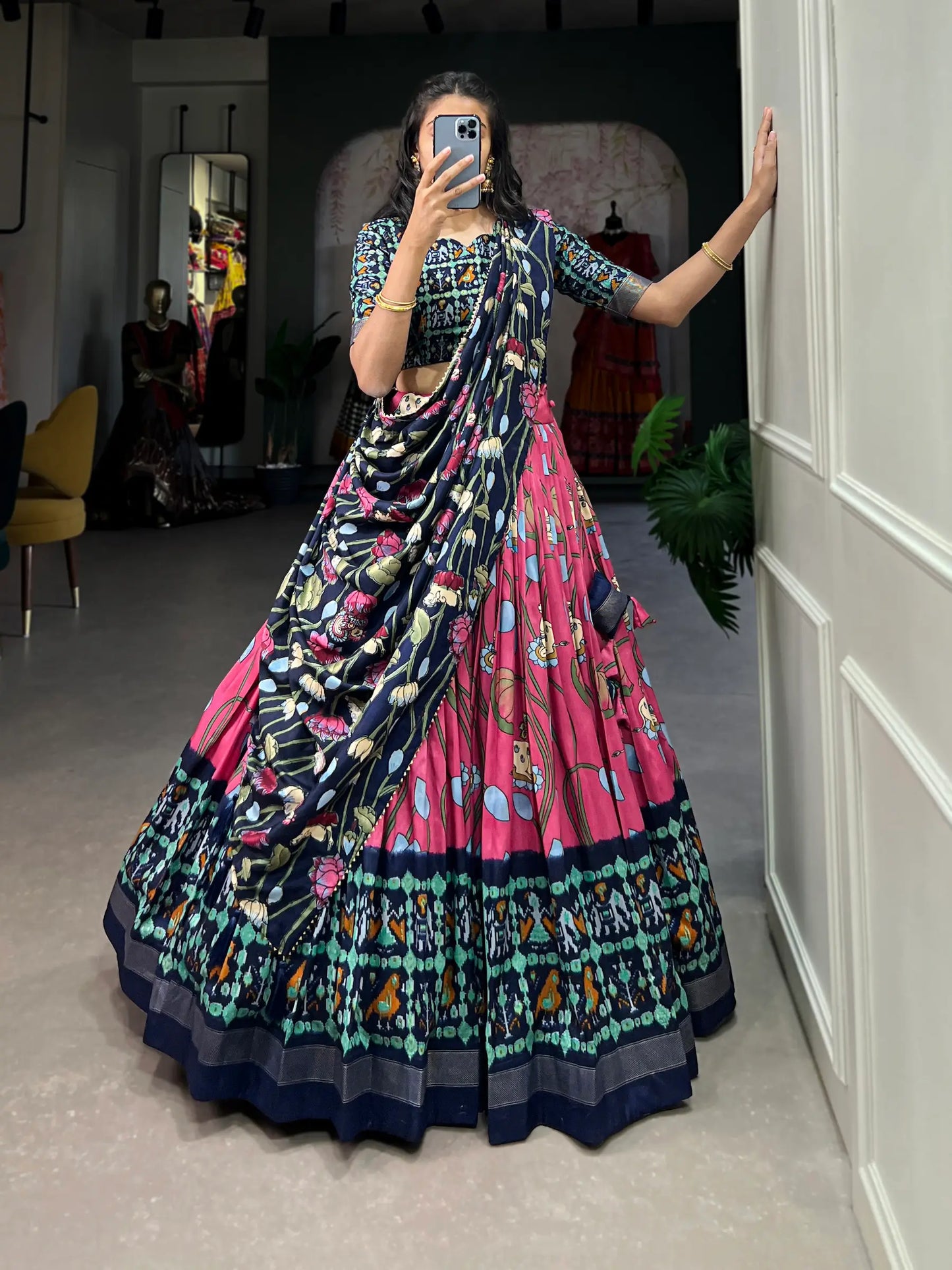 Pink Tussar Silk Printed Lehenga Choli