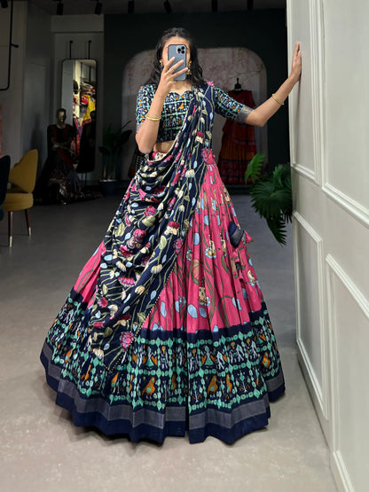 Pink Tussar Silk Printed Lehenga Choli
