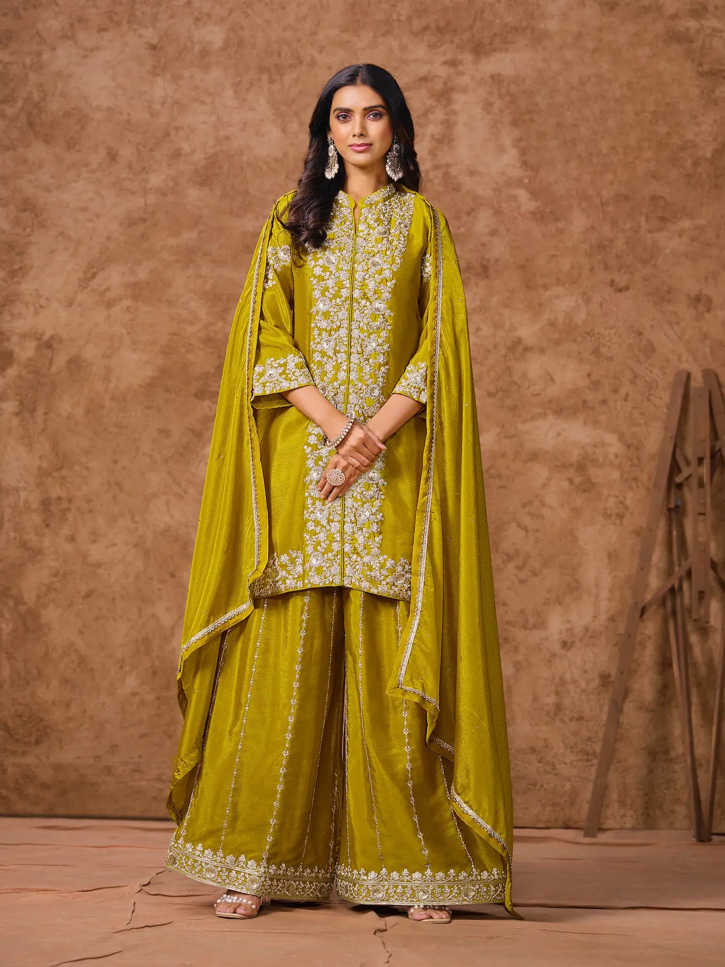 Yellow Chinon Palazzo Salwar Suit With Thread & Sequins Embroidery Work