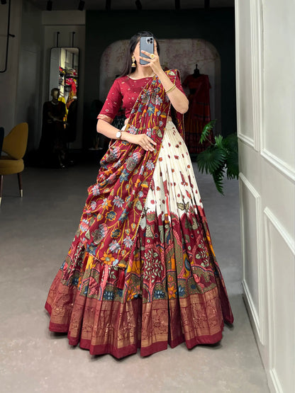 Off White Tussar Silk Kalamkari Printed Lehenga Choli