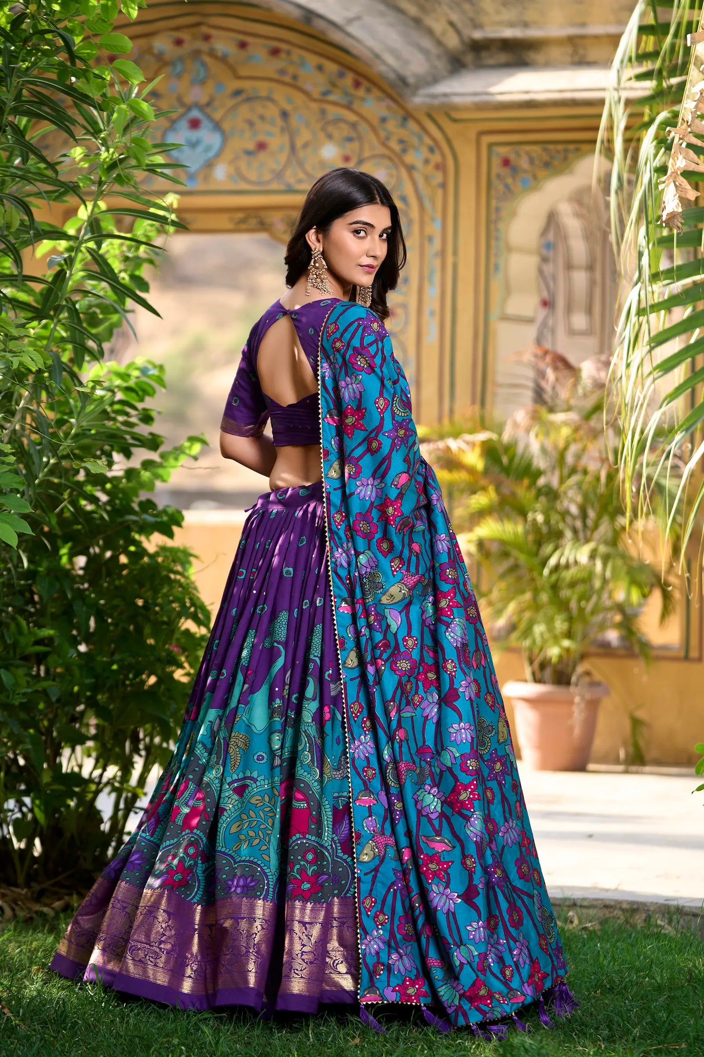 Purple Tussar Silk Kalamkari Printed Lehenga Choli
