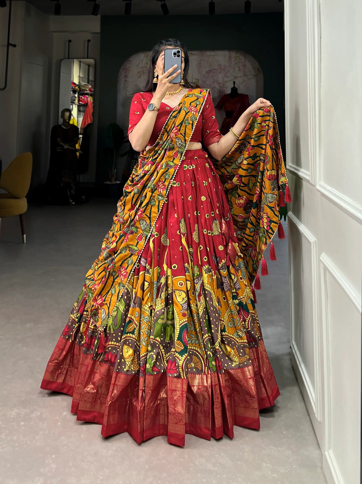 Red Tussar Silk Kalamkari Printed Lehenga Choli