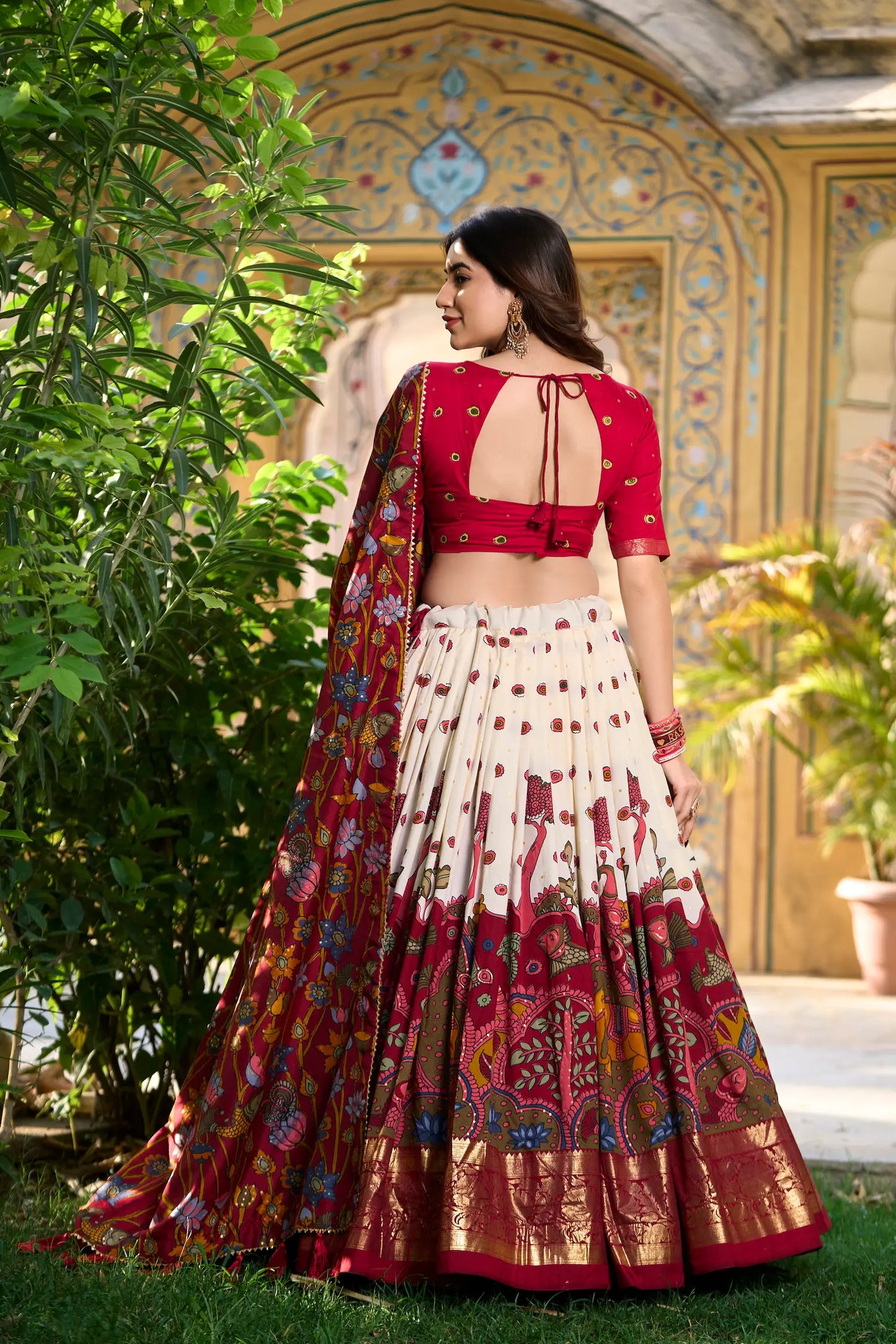 Off White Tussar Silk Kalamkari Printed Lehenga Choli