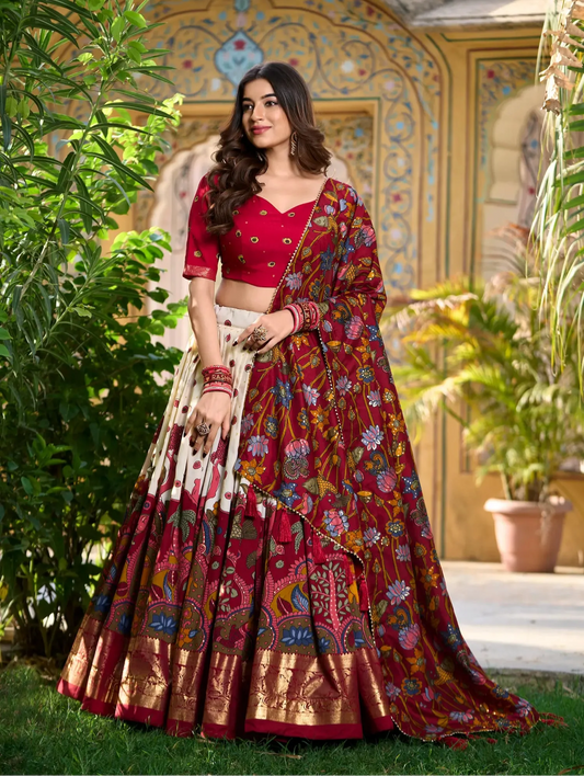 Off White Tussar Silk Kalamkari Printed Lehenga Choli