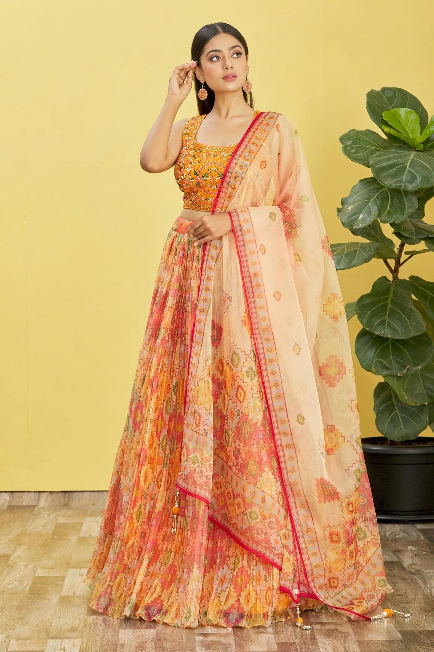 Yellow Lehenga With Digital Print And Sequins Embroidery With Real Mirror Work