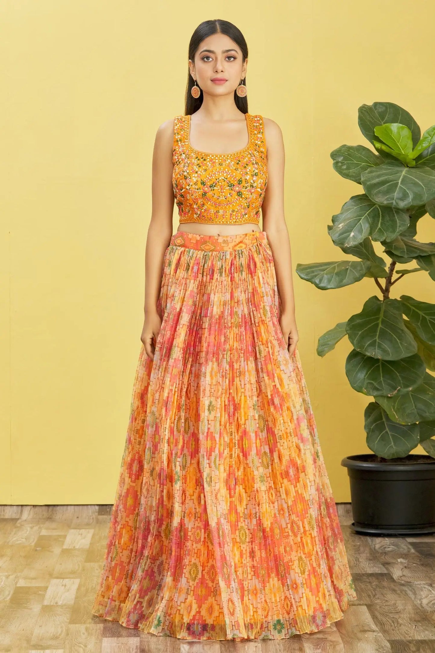 Yellow Lehenga With Digital Print And Sequins Embroidery With Real Mirror Work