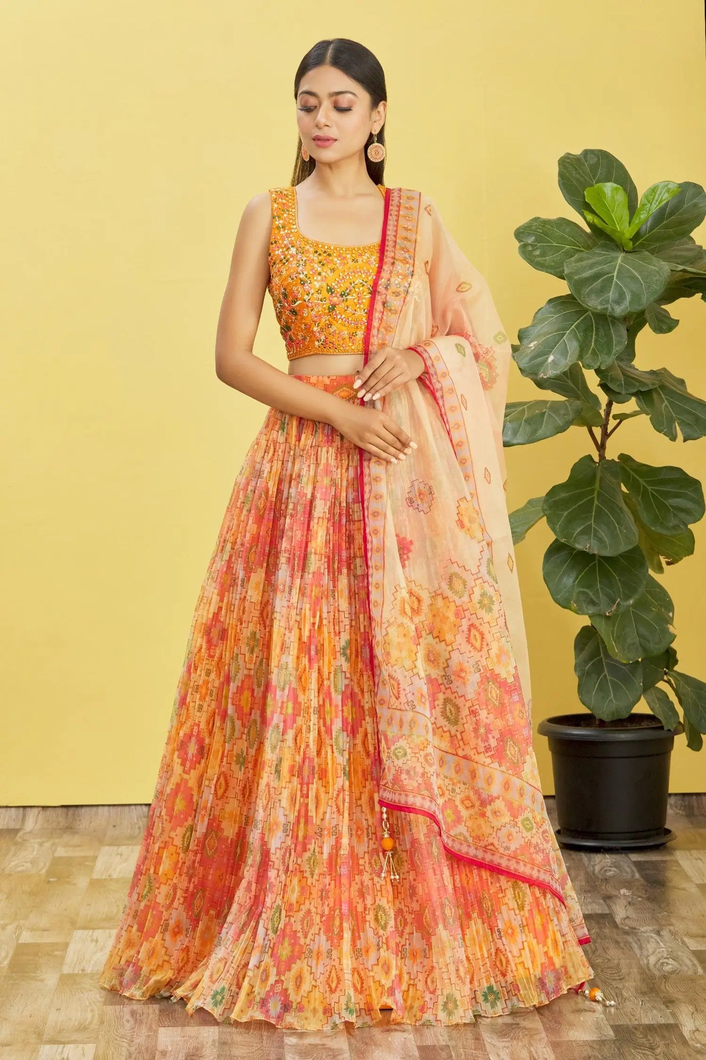 Yellow Lehenga With Digital Print And Sequins Embroidery With Real Mirror Work