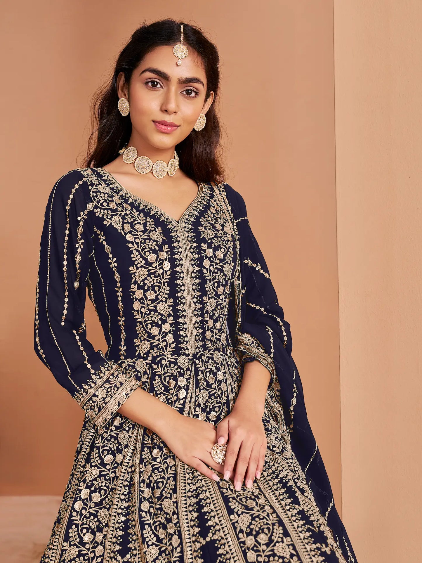 Navy Blue Georgette Gown With Sequence & Thread Embroidery Work