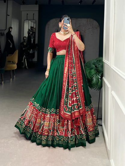 Green Tussar Silk Patola Print And Foil Work Lehenga Choli