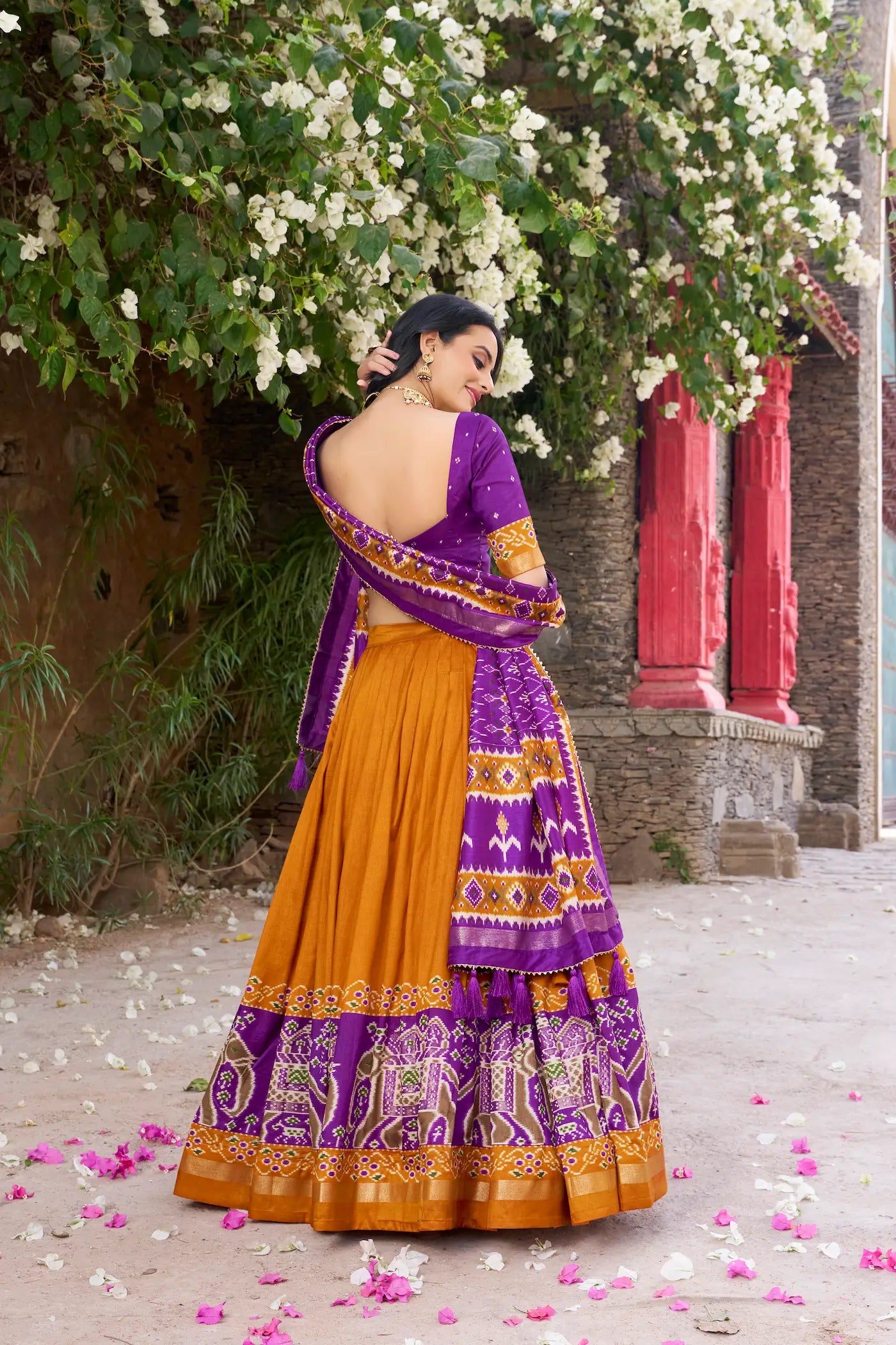 Mustard Tussar Silk Patola Print And Foil Work Lehenga Choli