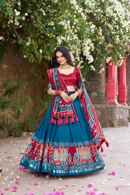 Teal Tussar Silk Patola Print And Foil Work Lehenga Choli