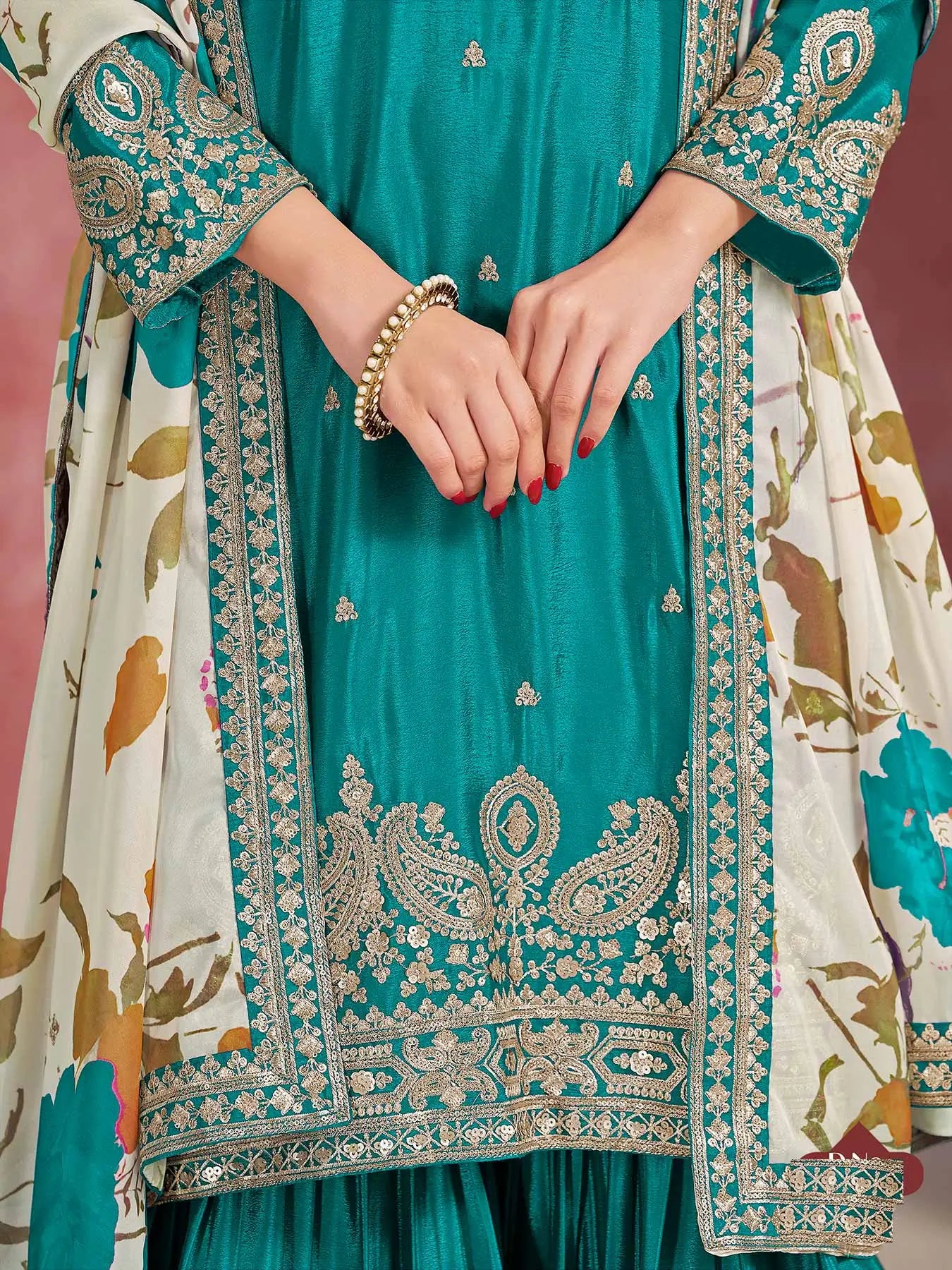 Teal Blue Chinon Silk Sharara Set with Embroidered Top & Taby Silk Dupatta