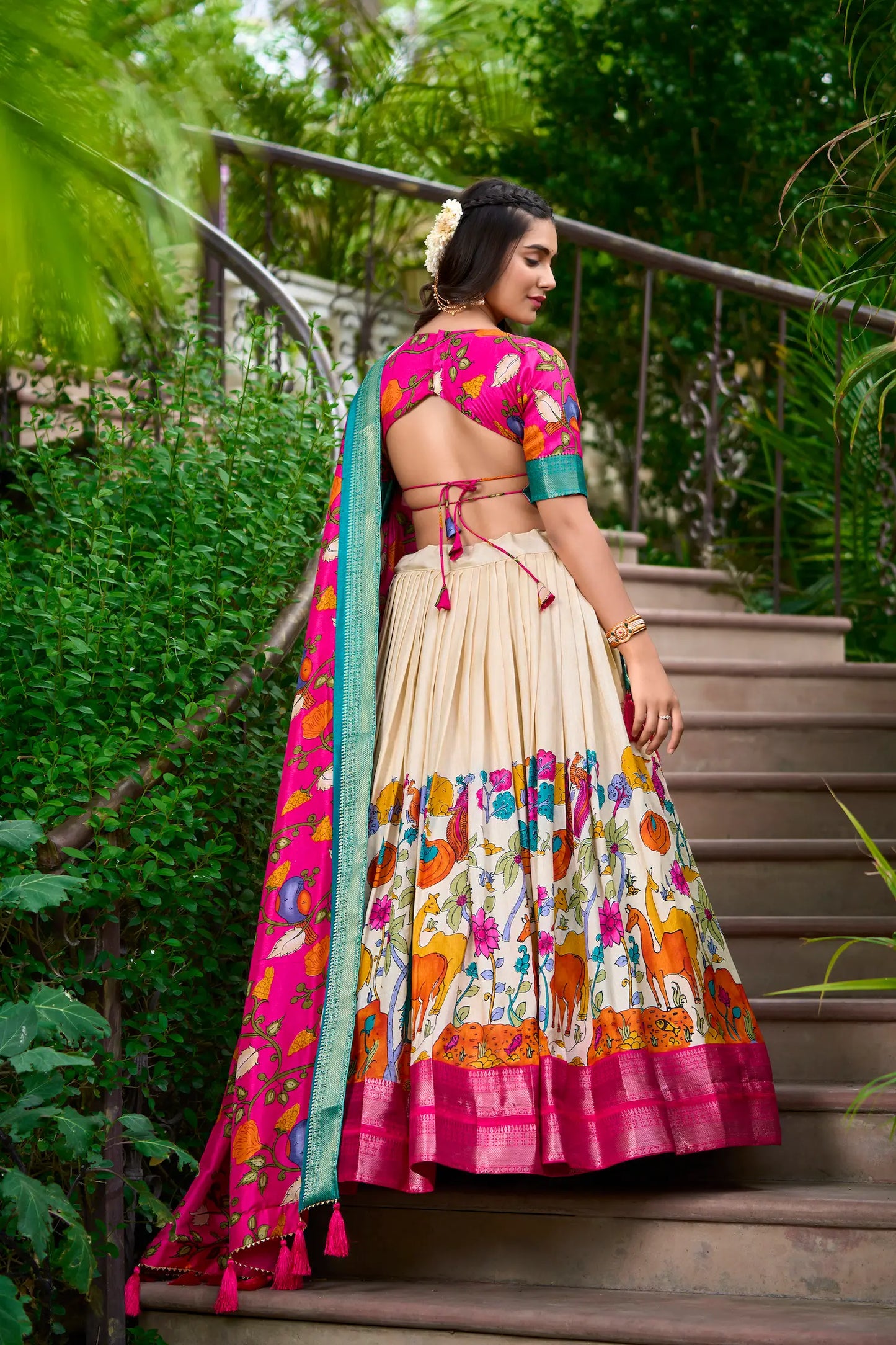 White Dola Silk Lehenga Choli With Kalamkari Print And Zari Weaving Work