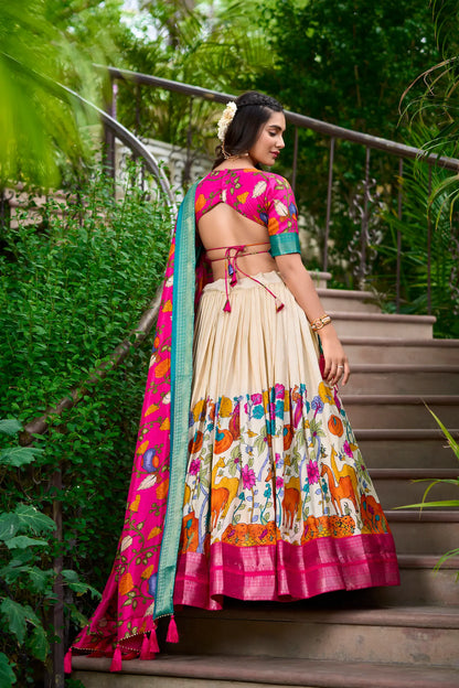 White Dola Silk Lehenga Choli With Kalamkari Print And Zari Weaving Work
