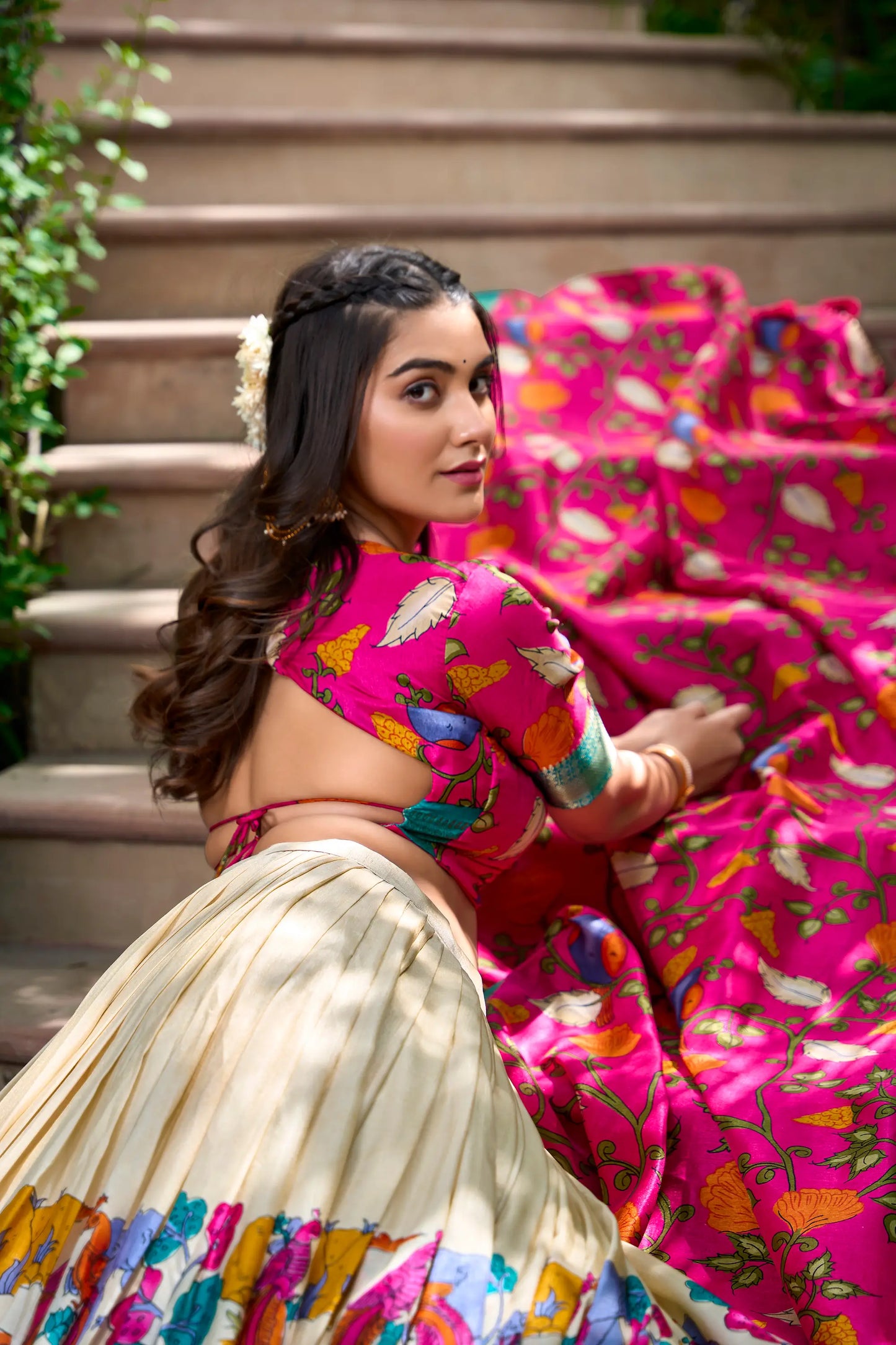 White Dola Silk Lehenga Choli With Kalamkari Print And Zari Weaving Work
