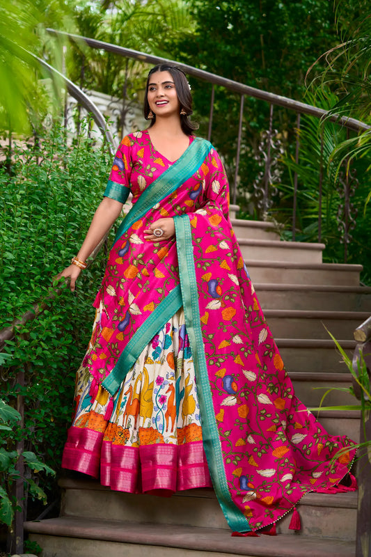 White Dola Silk Lehenga Choli With Kalamkari Print And Zari Weaving Work