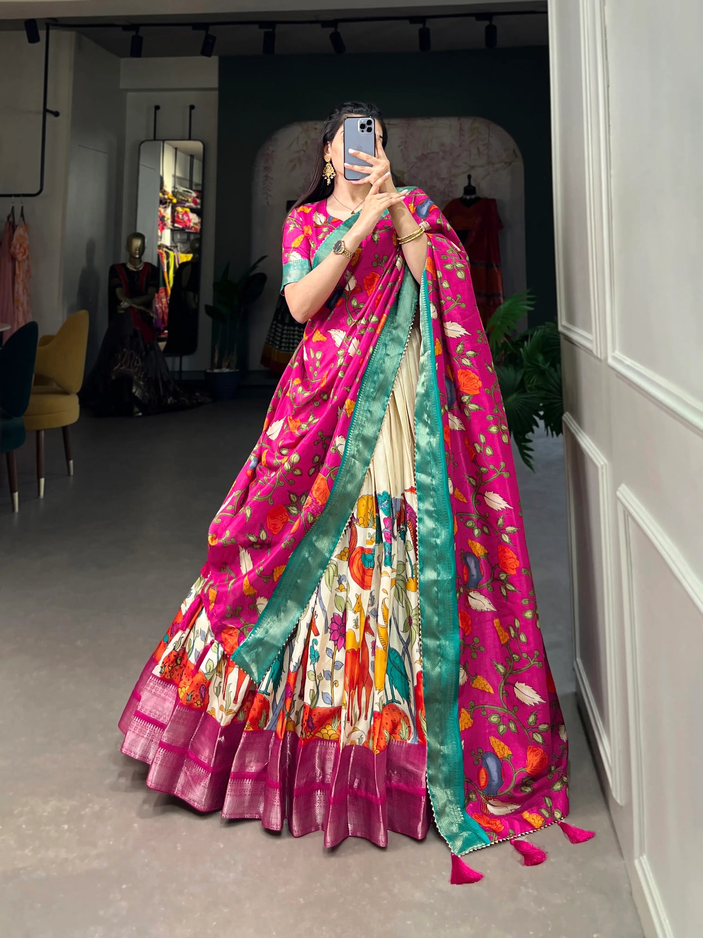 White Dola Silk Lehenga Choli With Kalamkari Print And Zari Weaving Work