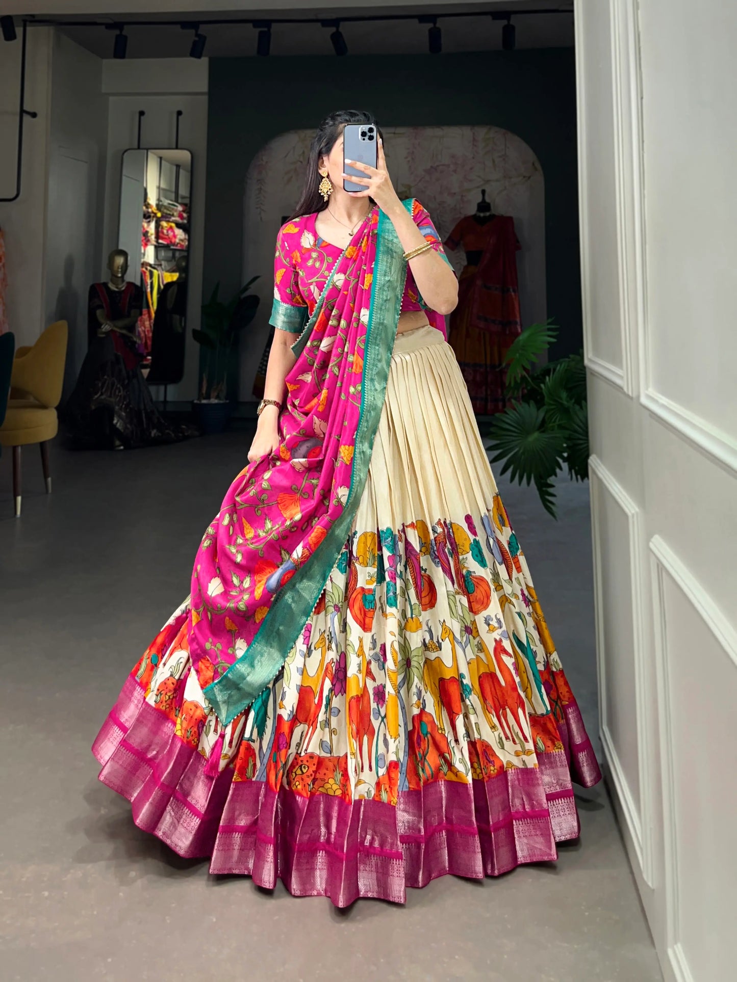White Dola Silk Lehenga Choli With Kalamkari Print And Zari Weaving Work